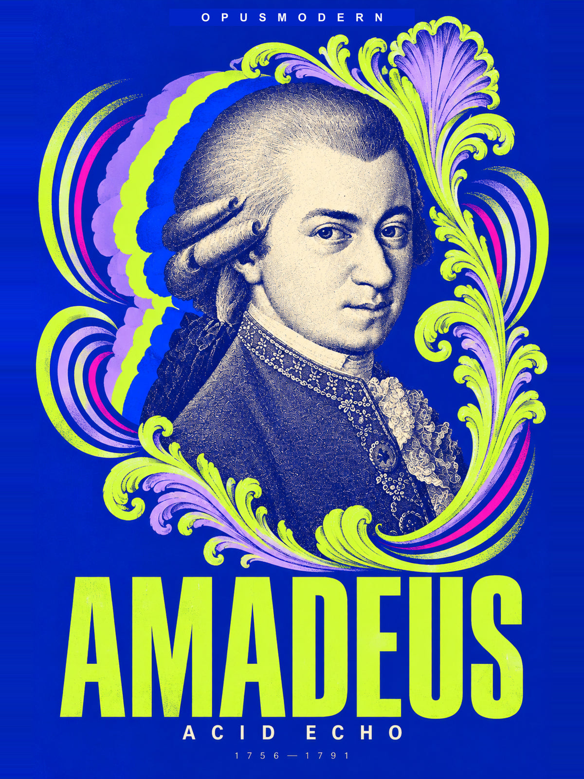 Mozart Poster — Acid Echo — Edge-to-edge — 18X24 flat print artwork; frame finish not pictured