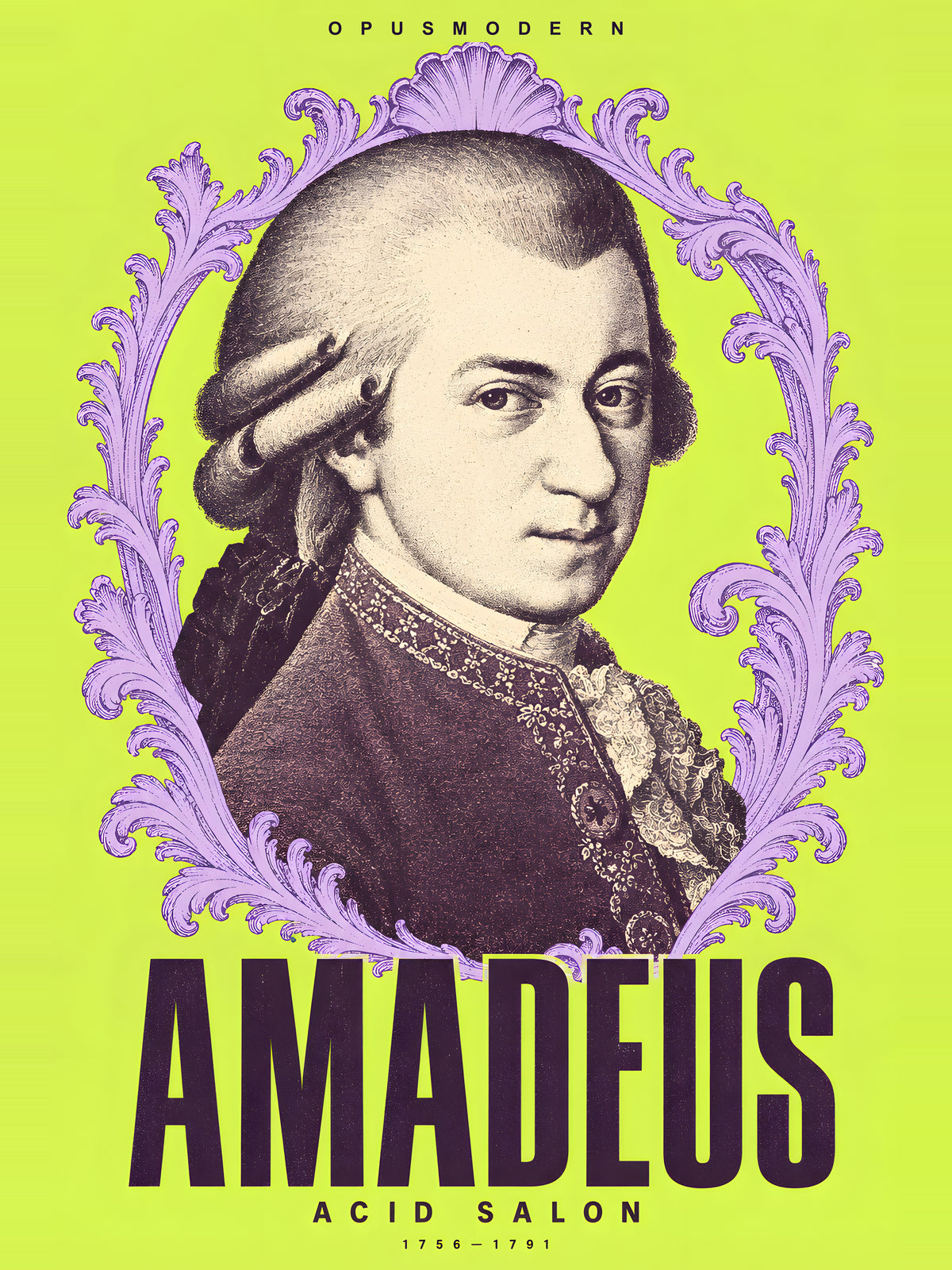 Mozart Poster — Acid Salon — Edge-to-edge — 18X24 flat print artwork; frame finish not pictured