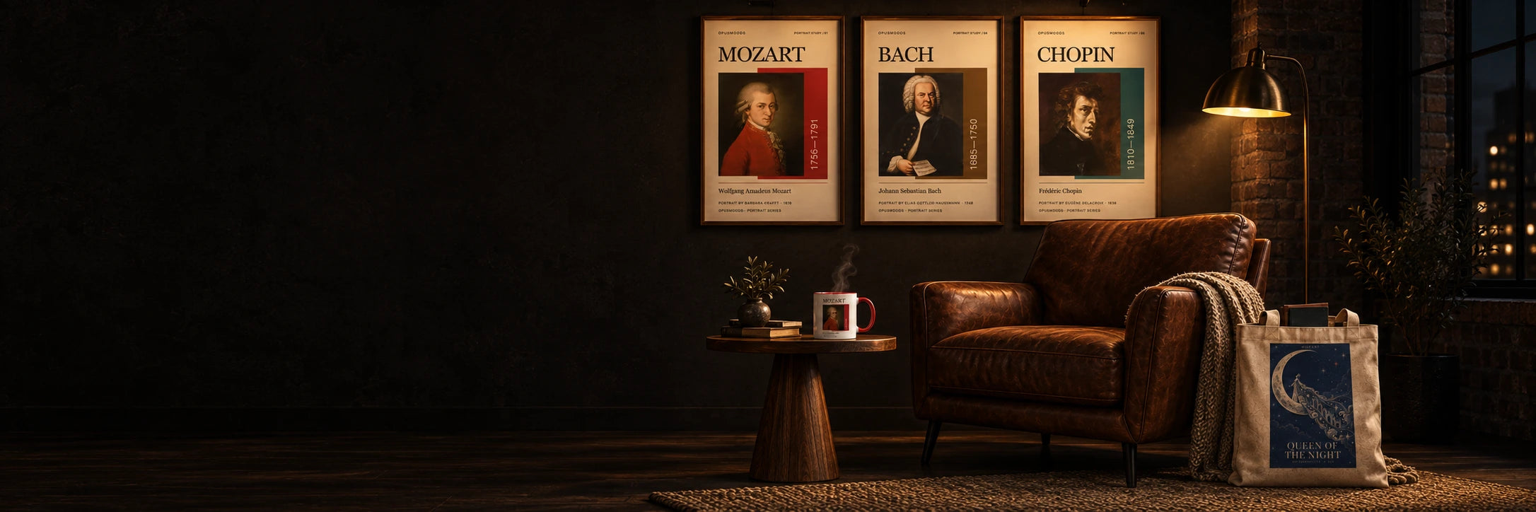 A warm reading corner with Mozart, Bach and Chopin prints, a Mozart mug and Queen of the Night tote.