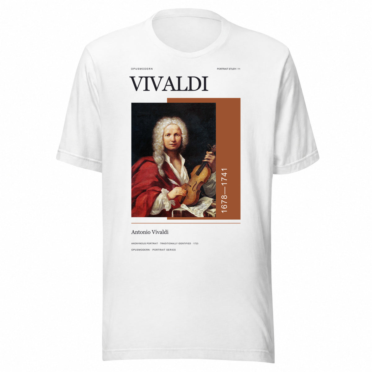 OPUSMODERN flat front mockup — 11 Antonio Vivaldi Portrait — OPUSMODERN Unisex T-Shirt