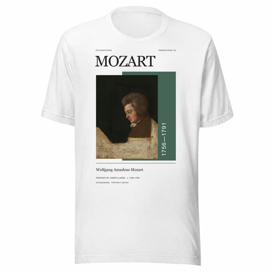 OPUSMODERN flat front mockup — Lange Portrait — Mozart Unisex T-Shirt