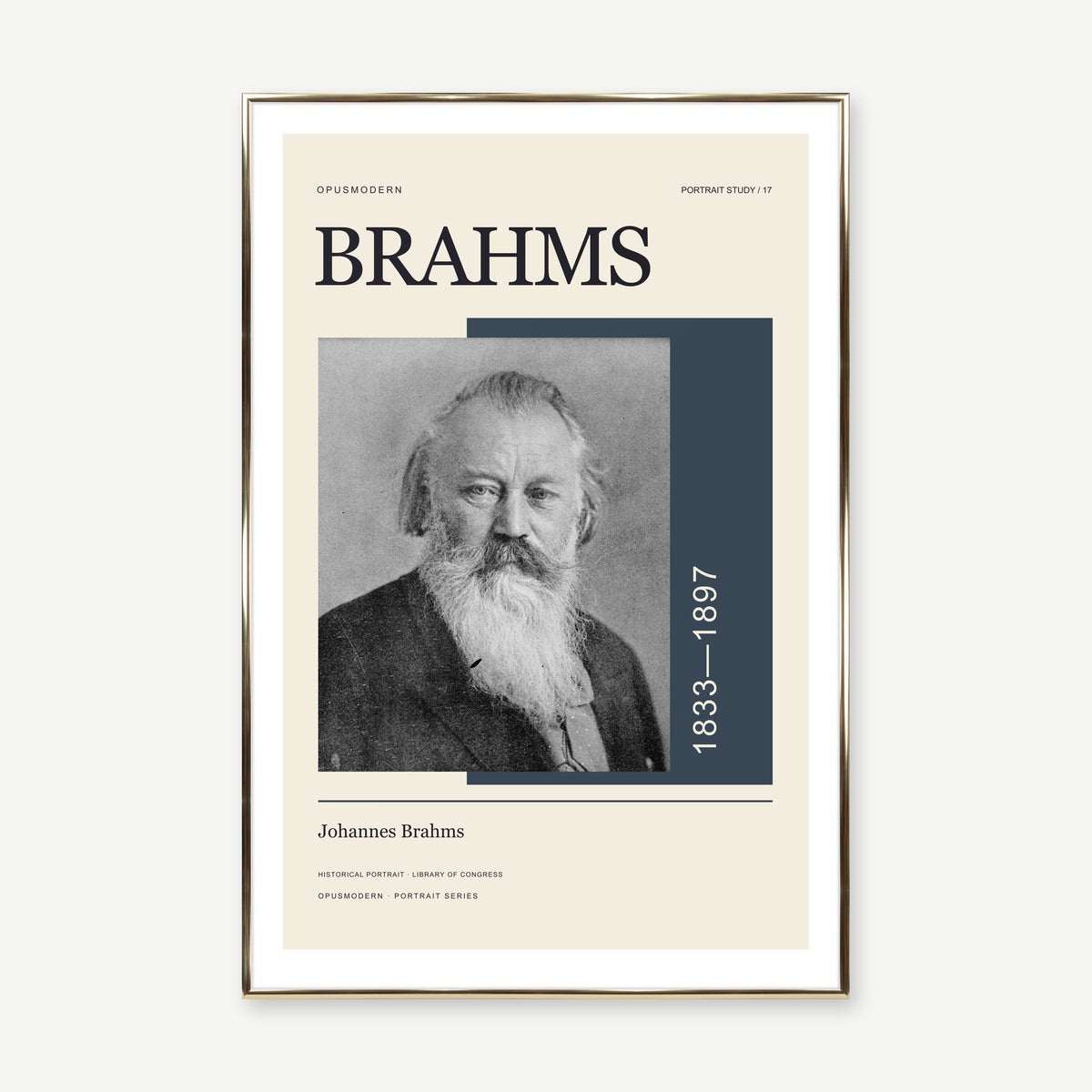 Johannes Brahms — 60 × 90 cm — Gold Aluminum frame — White border. Frame mockup composed from Prodigi photography.
