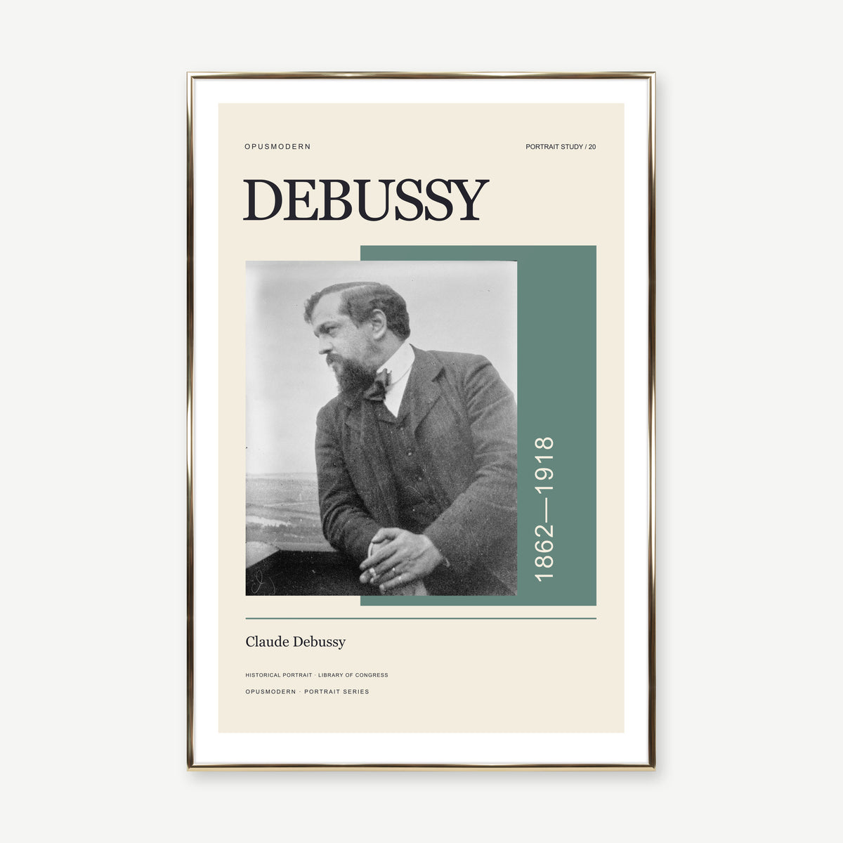 Claude Debussy — 60 × 90 cm — Gold Aluminum frame — White border. Frame mockup composed from Prodigi photography.
