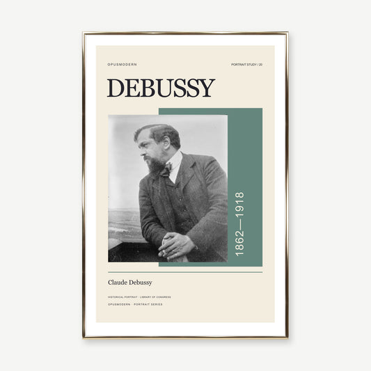 Claude Debussy — 60 × 90 cm — Gold Aluminum frame — White border. Frame mockup composed from Prodigi photography.