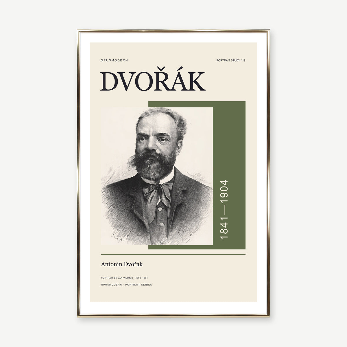 Antonín Dvořák — 60 × 90 cm — Gold Aluminum frame — White border. Frame mockup composed from Prodigi photography.