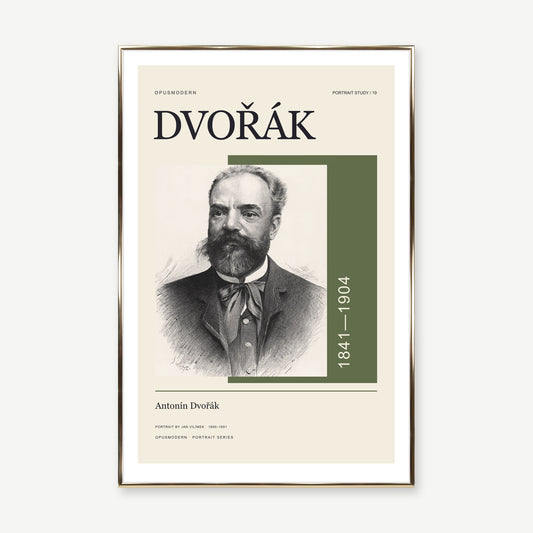 Antonín Dvořák — 60 × 90 cm — Gold Aluminum frame — White border. Frame mockup composed from Prodigi photography.