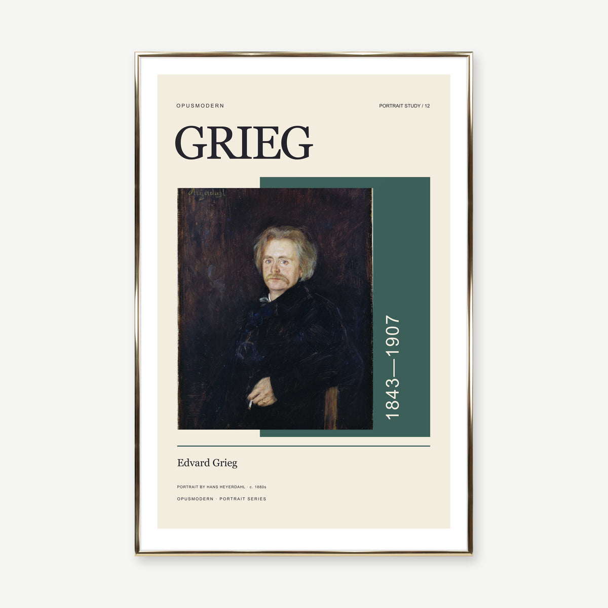 Edvard Grieg — 60 × 90 cm — Gold Aluminum frame — White border. Frame mockup composed from Prodigi photography.