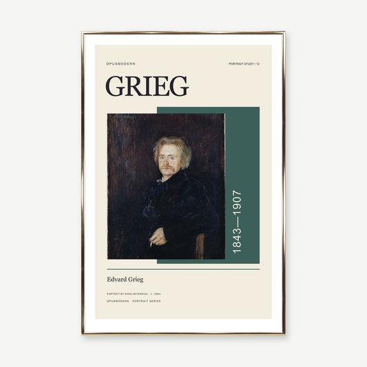 Edvard Grieg — 60 × 90 cm — Gold Aluminum frame — White border. Frame mockup composed from Prodigi photography.