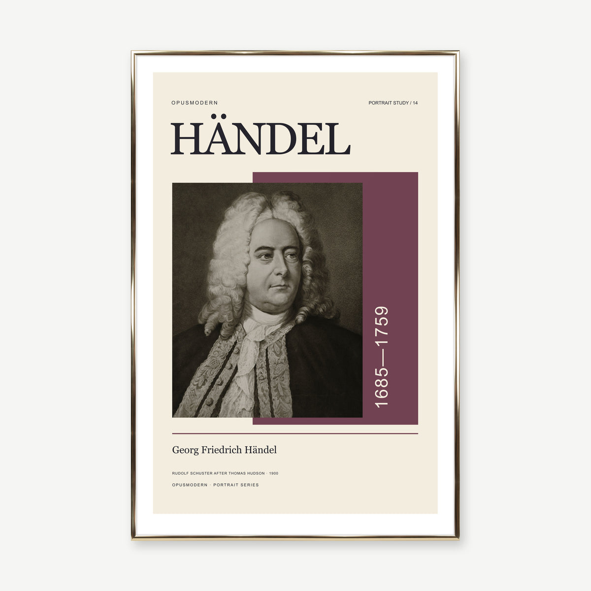Georg Friedrich Händel — 60 × 90 cm — Gold Aluminum frame — White border. Frame mockup composed from Prodigi photography.
