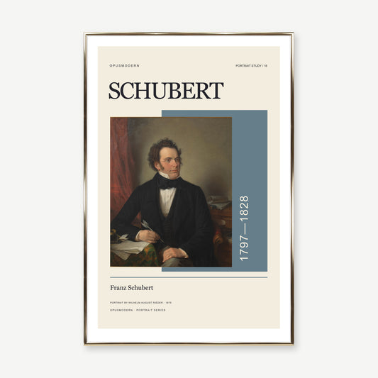 Franz Schubert — 60 × 90 cm — Gold Aluminum frame — White border. Frame mockup composed from Prodigi photography.