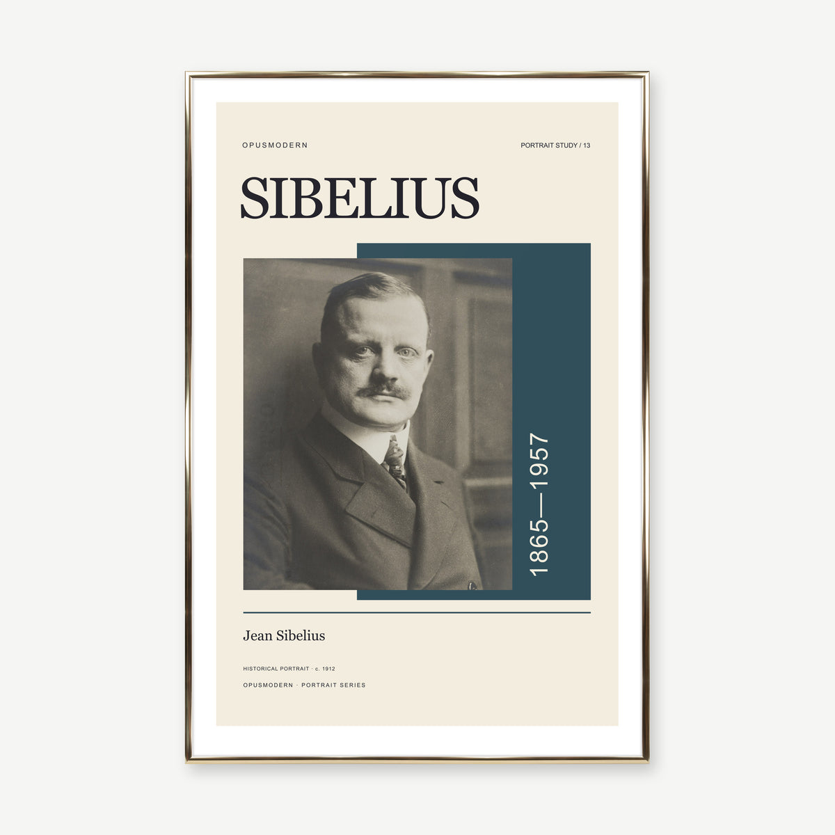 Jean Sibelius — 60 × 90 cm — Gold Aluminum frame — White border. Frame mockup composed from Prodigi photography.