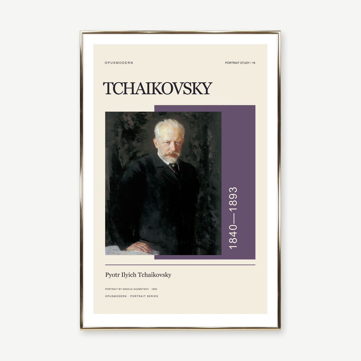 Pyotr Ilyich Tchaikovsky — 60 × 90 cm — Gold Aluminum frame — White border. Frame mockup composed from Prodigi photography.