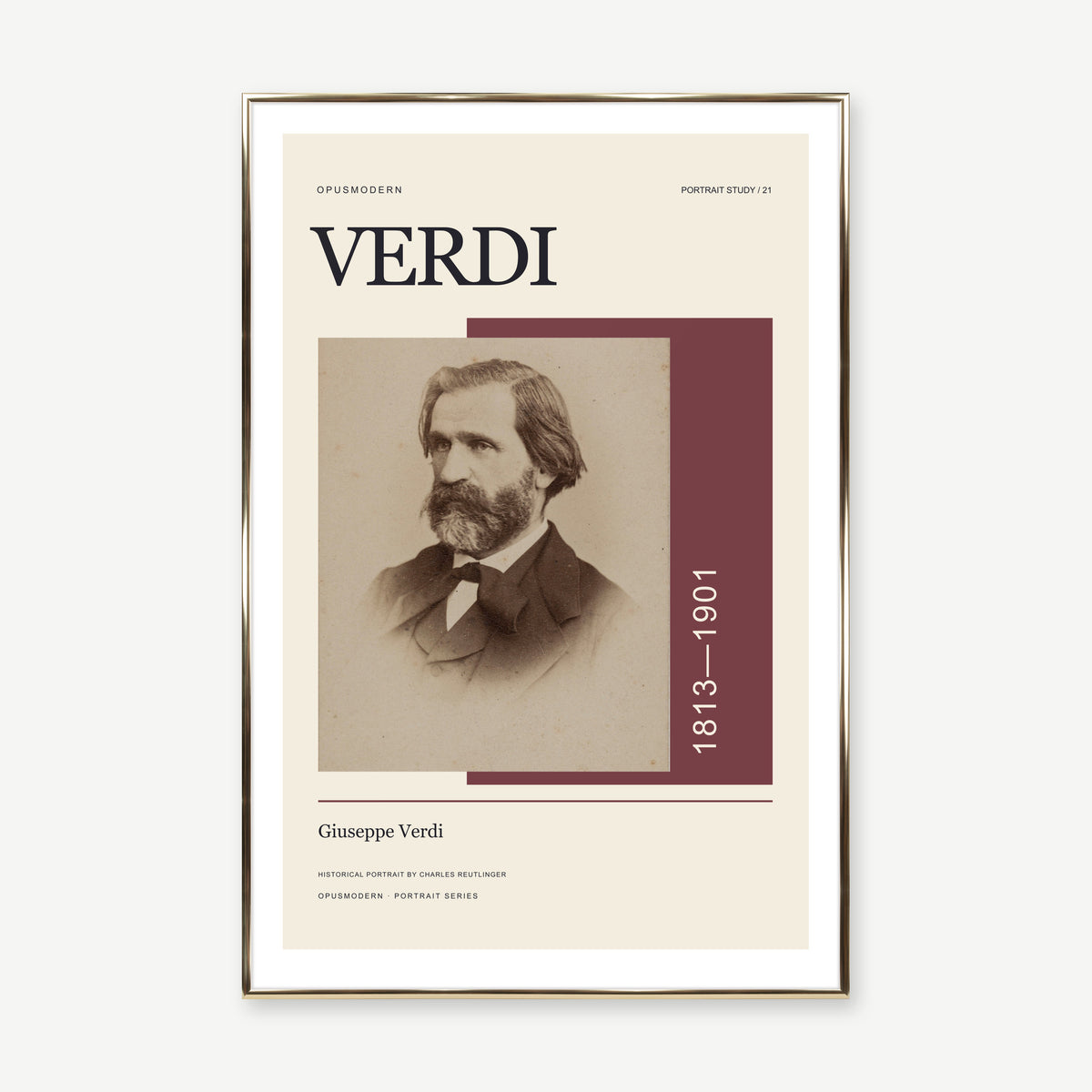 Giuseppe Verdi — 60 × 90 cm — Gold Aluminum frame — White border. Frame mockup composed from Prodigi photography.