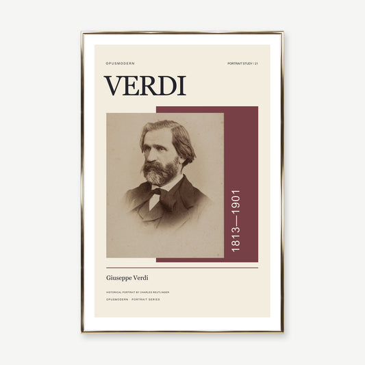 Giuseppe Verdi — 60 × 90 cm — Gold Aluminum frame — White border. Frame mockup composed from Prodigi photography.