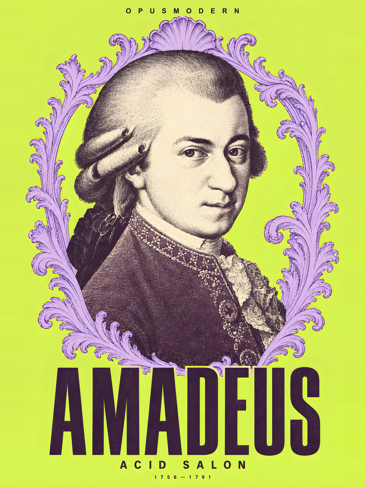 Mozart Poster — Acid Salon — Edge-to-edge — 12X16 flat print artwork; frame finish not pictured