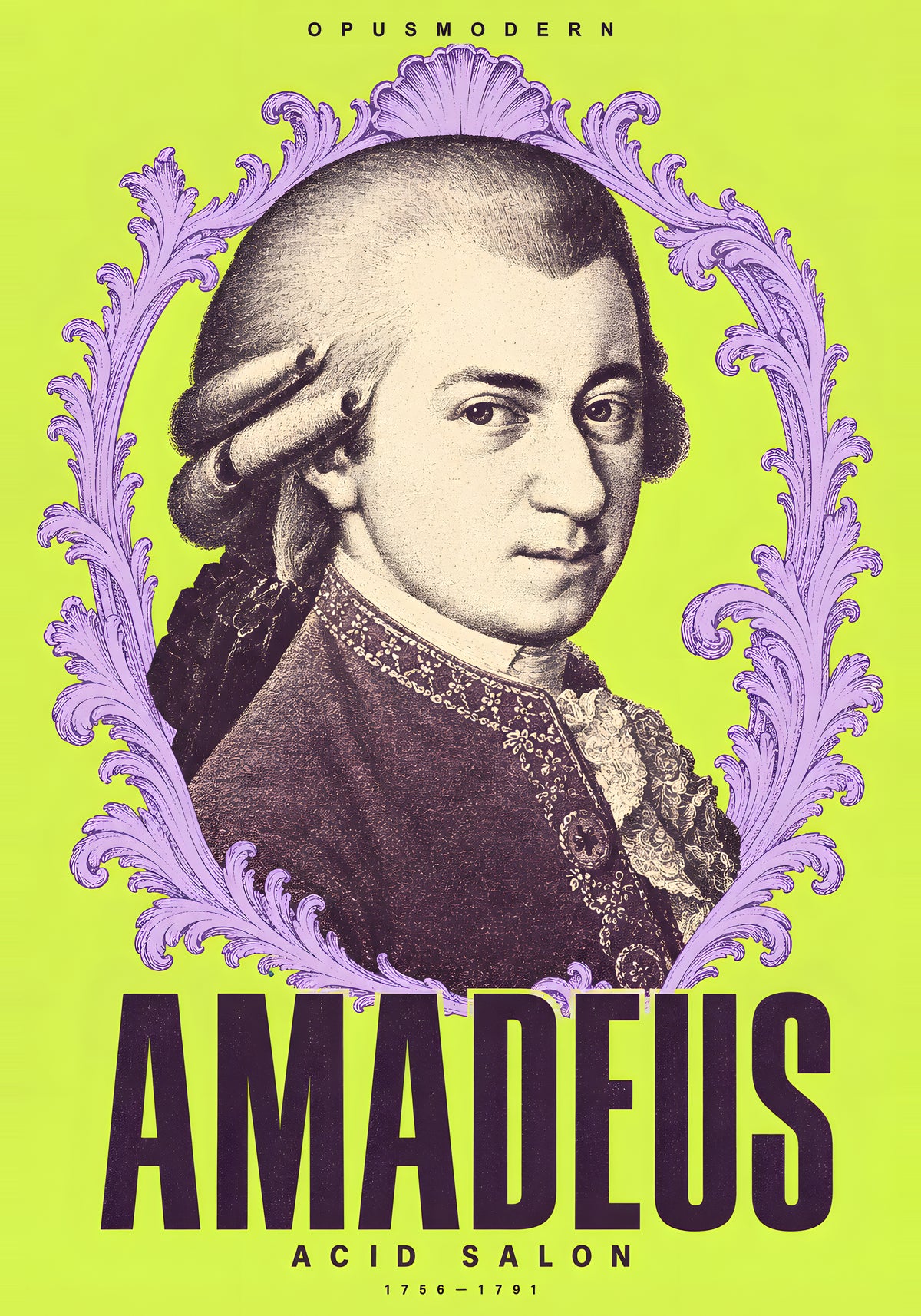 Mozart Poster — Acid Salon — Edge-to-edge — 28X40 flat print artwork; frame finish not pictured