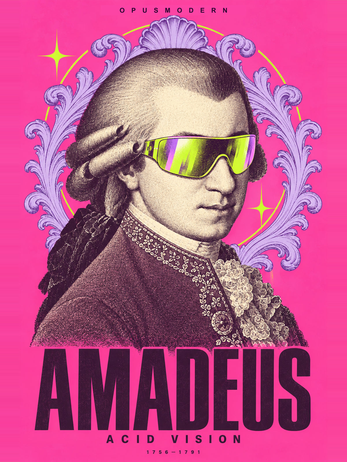 Mozart Poster — Acid Vision — Edge-to-edge — 12X16 flat print artwork; frame finish not pictured