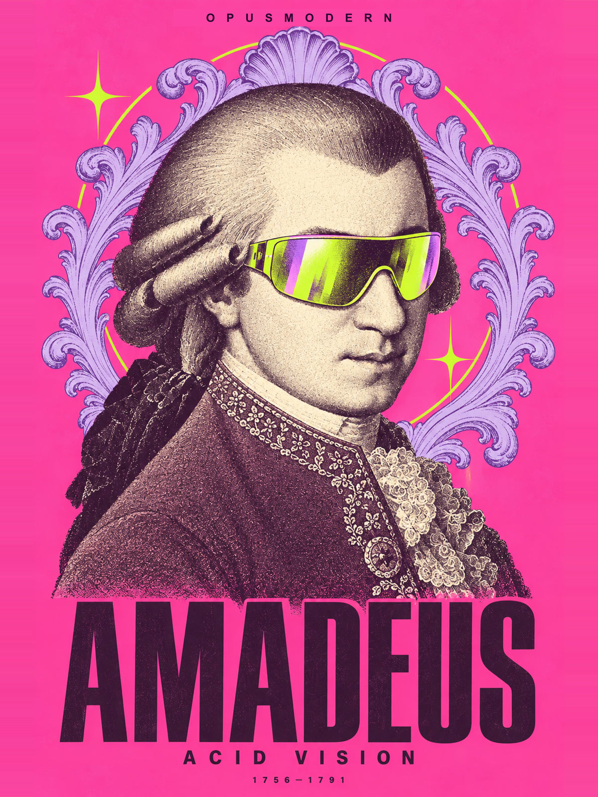 Mozart Poster — Acid Vision — Edge-to-edge — 18X24 flat print artwork; frame finish not pictured