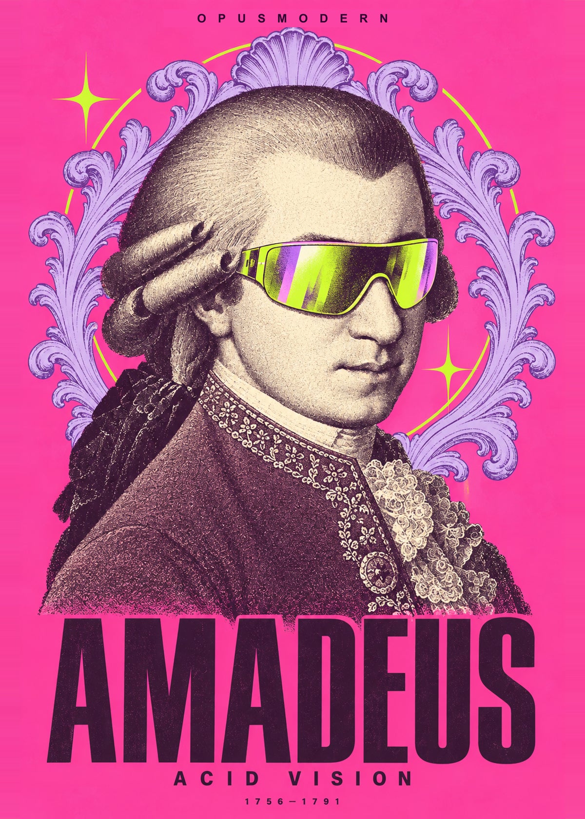Mozart Poster — Acid Vision — Edge-to-edge — 20X28 flat print artwork; frame finish not pictured