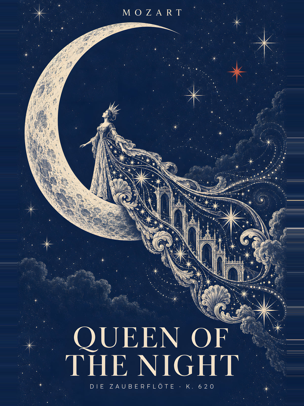 Mozart Poster — Queen of the Night — Edge-to-edge — 18X24 flat print artwork; frame finish not pictured
