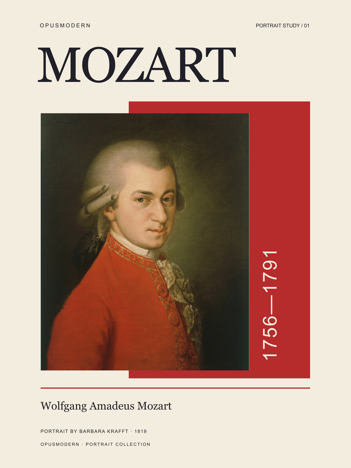 Mozart Poster — Redline Portrait — Edge-to-edge — 12X16 flat print artwork; frame finish not pictured