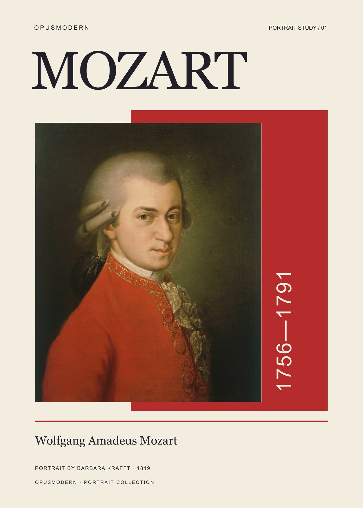 Mozart Poster — Redline Portrait — Edge-to-edge — 20X28 flat print artwork; frame finish not pictured