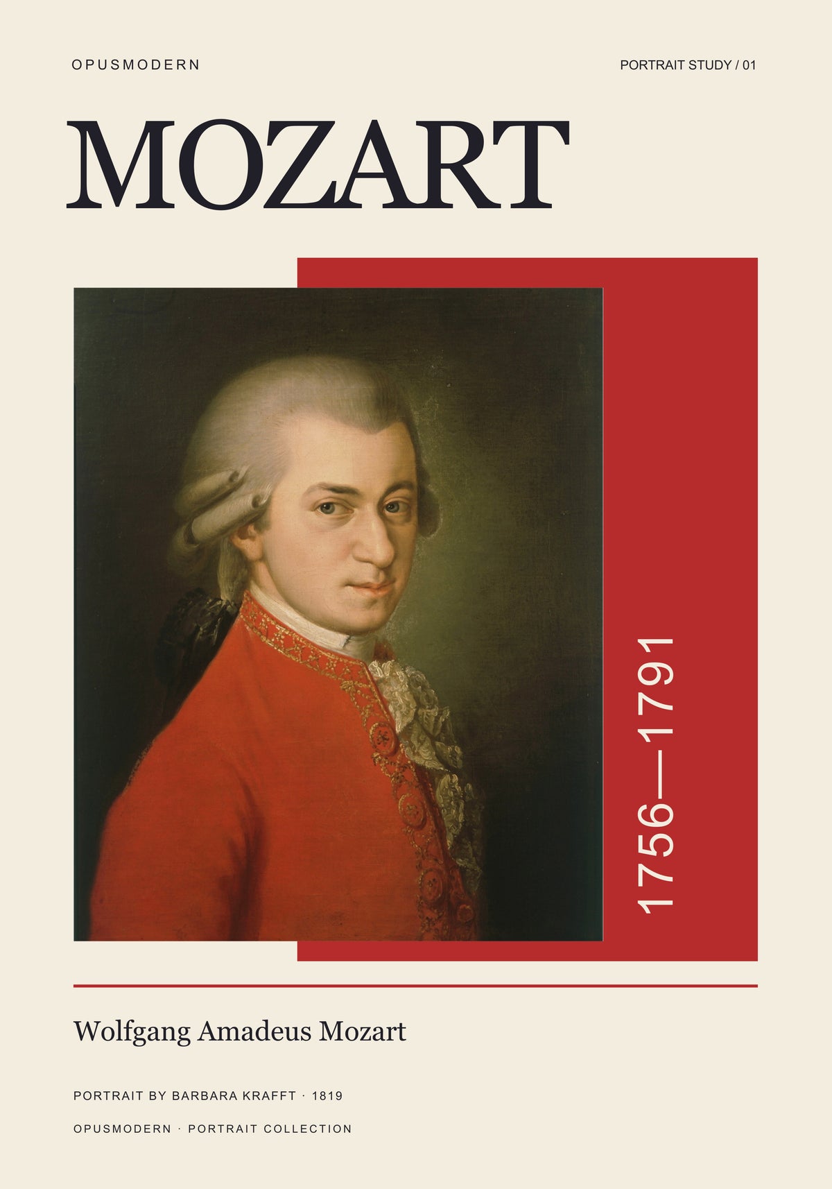 Mozart Poster — Redline Portrait — Edge-to-edge — 28X40 flat print artwork; frame finish not pictured