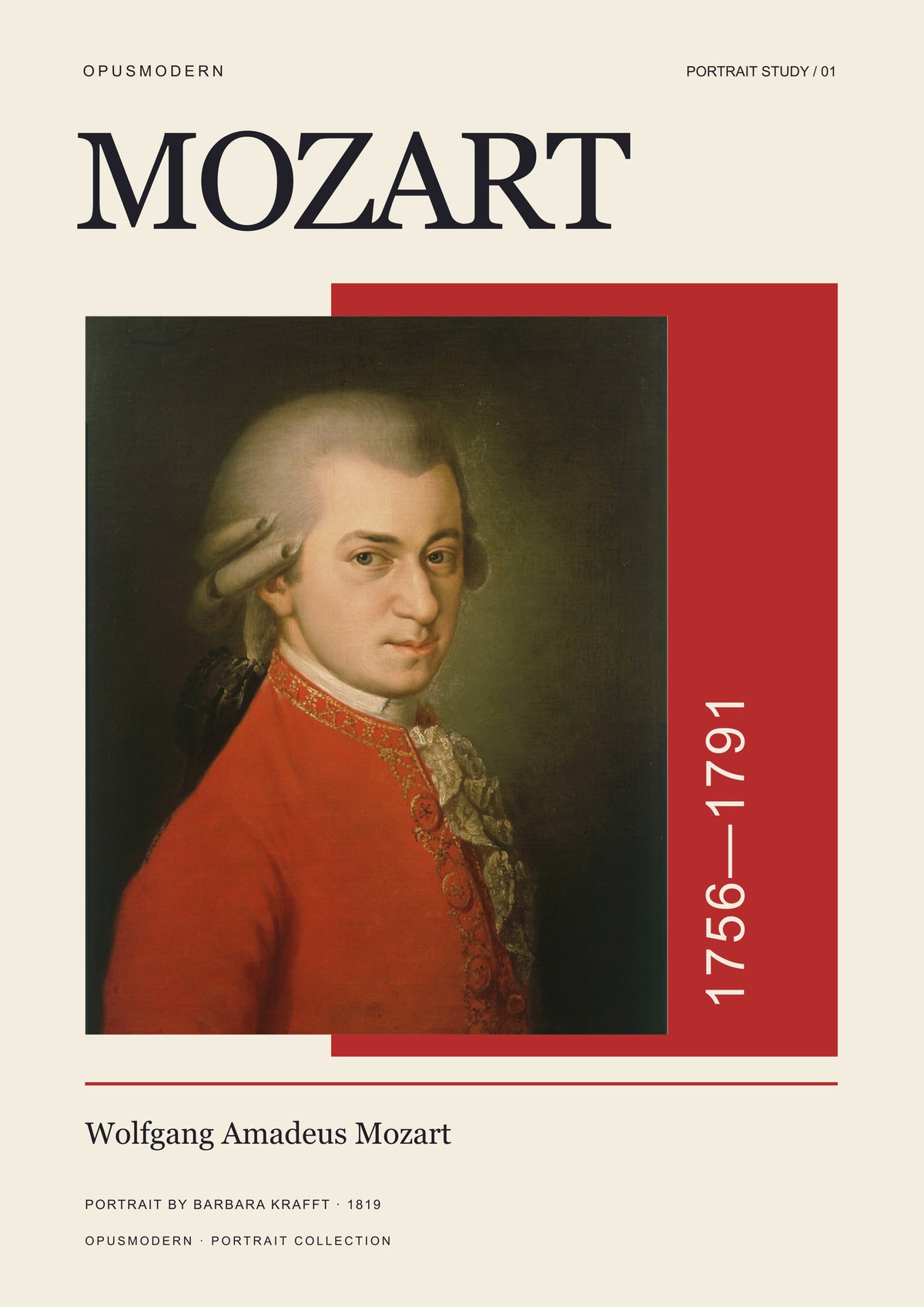 Mozart Art Print — Redline Portrait — A4 (21 × 29.7 cm) — edge-to-edge unframed art print