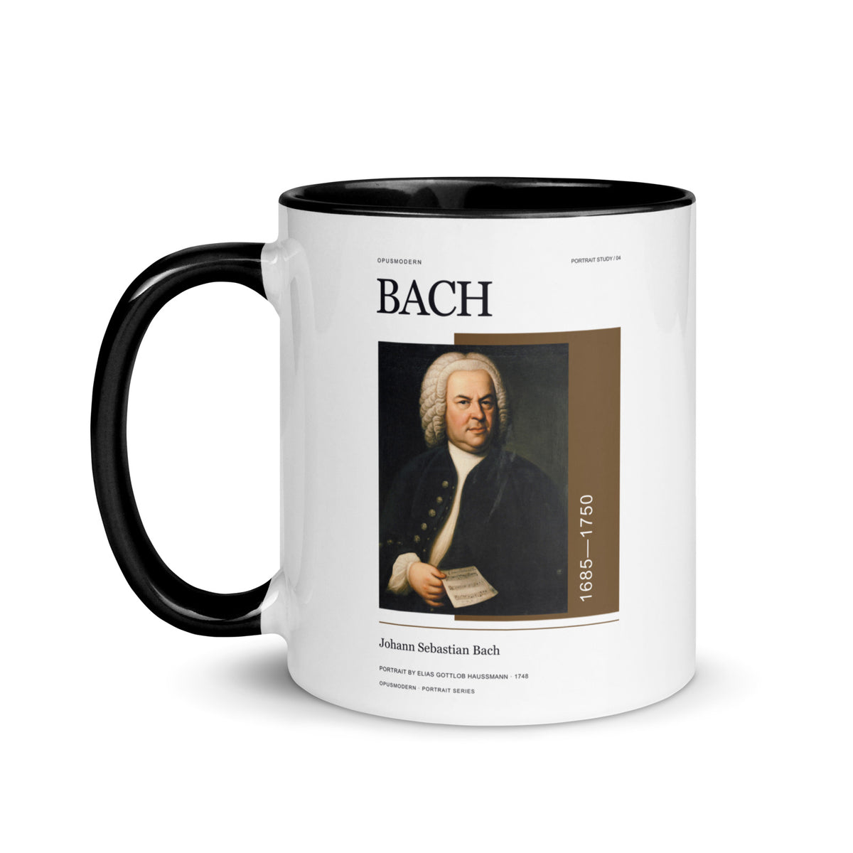 04 Bach Portrait — OPUSMODERN Mug — full-resolution OPUSMODERN artwork — handle left
